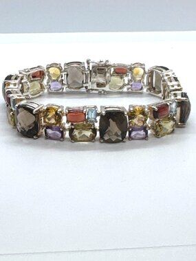 925 Sterling Silver Multi Gemstone Bracelet Amethyst Citrine Topaz 7"
